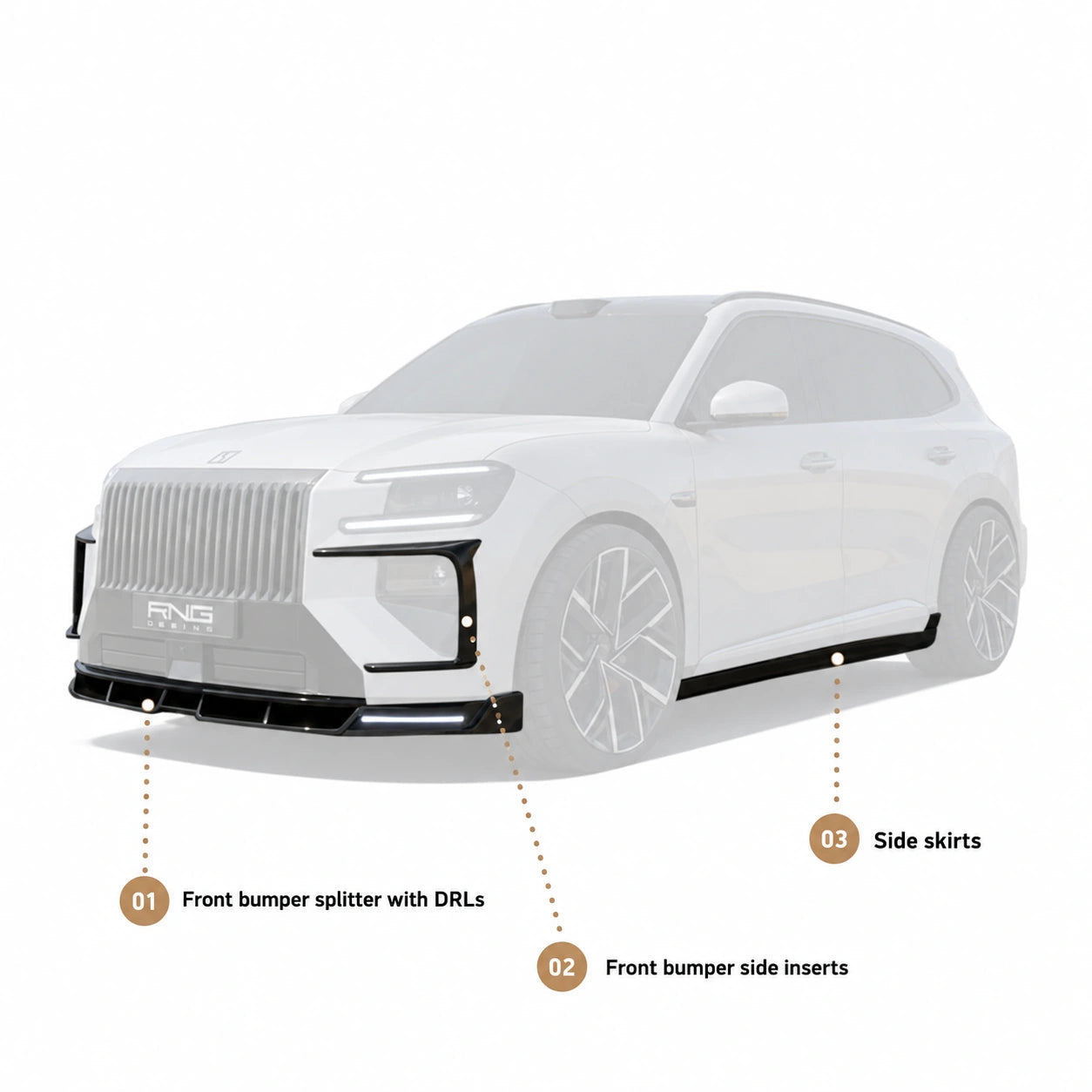Zeekr 8X basic kit front and side illustration showing the included splitter, bumper side inserts and side skirts