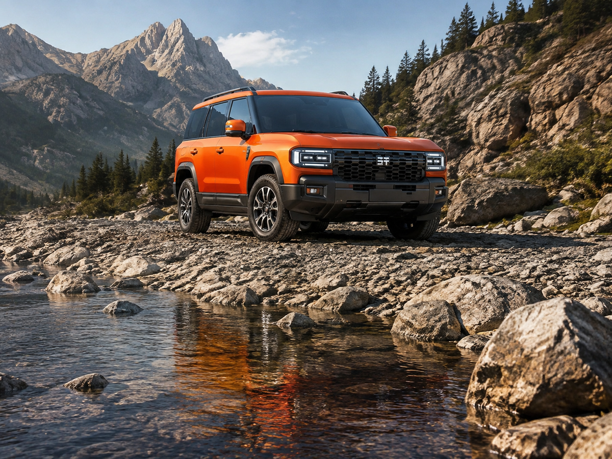 AI editorial illustration of a G700-inspired SUV parked beside a stream, not a capability test.