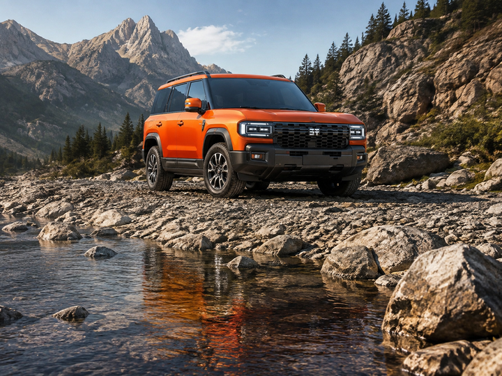 AI editorial illustration of a G700-inspired SUV parked beside a stream, not a capability test.