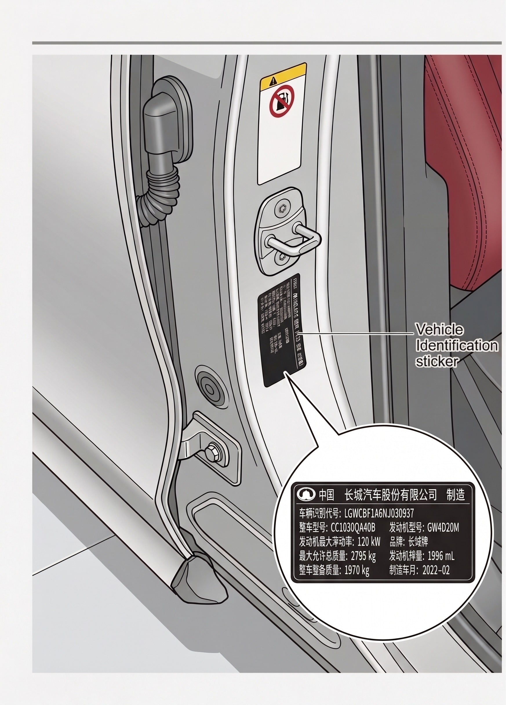 Example vehicle identification sticker location on a Chinese vehicle door frame
